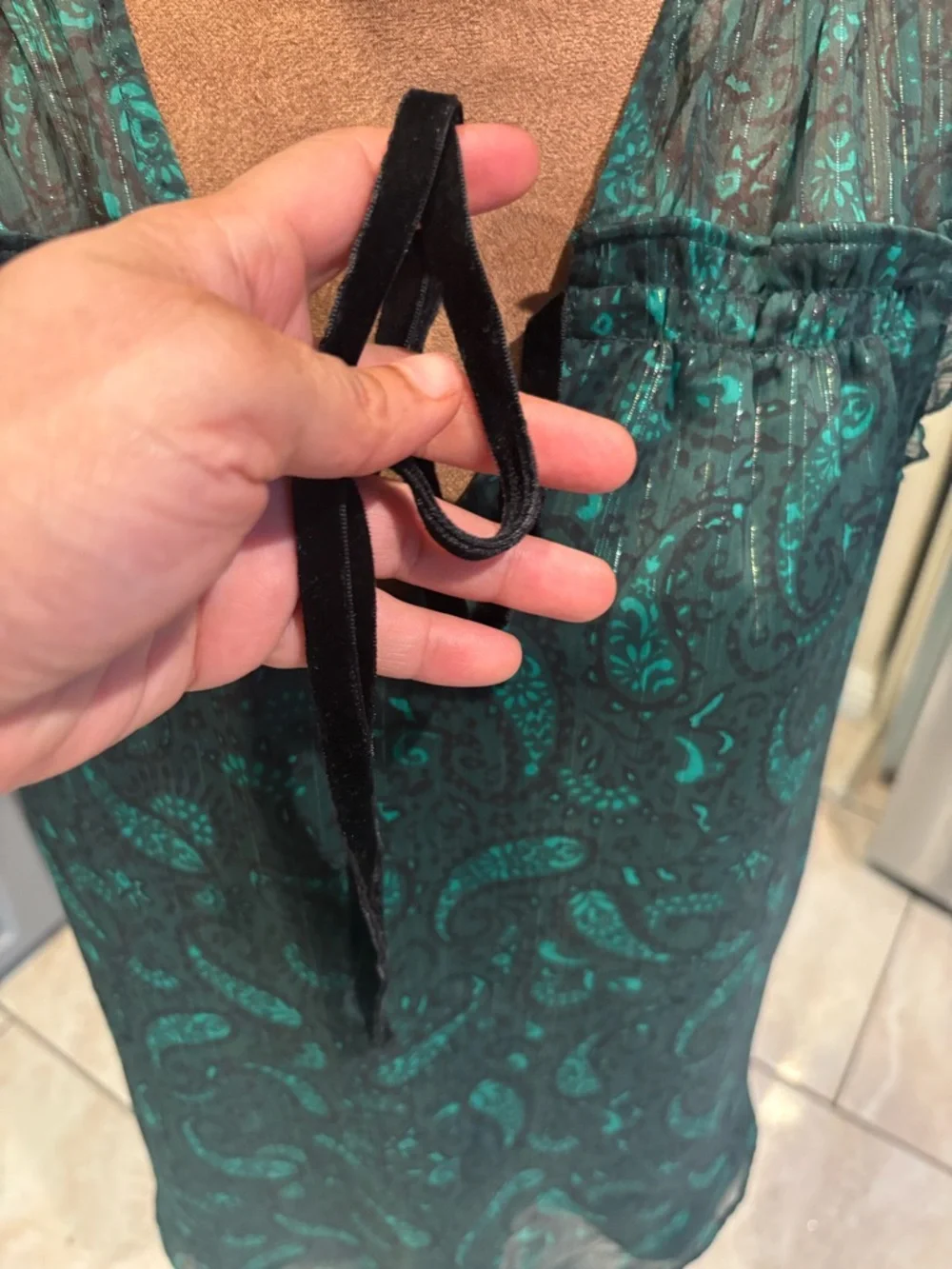 LOFT Teal Paisley Ruffle Tie-Neck Shell